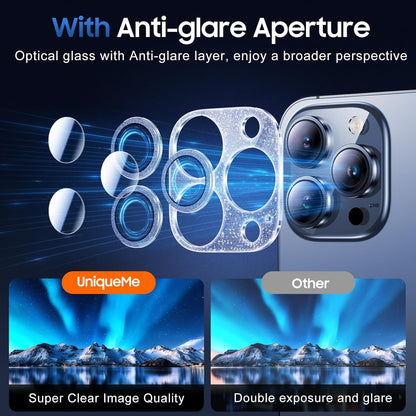 UniqueMe 3 Packs Compatible for iPhone 13 Pro Max/iPhone 13 Pro Camera Lens Protector Acrylic [Not Glass],[Case Friendly][Scratch-Resistant][Night Shooting Mode]-Glitter Blue