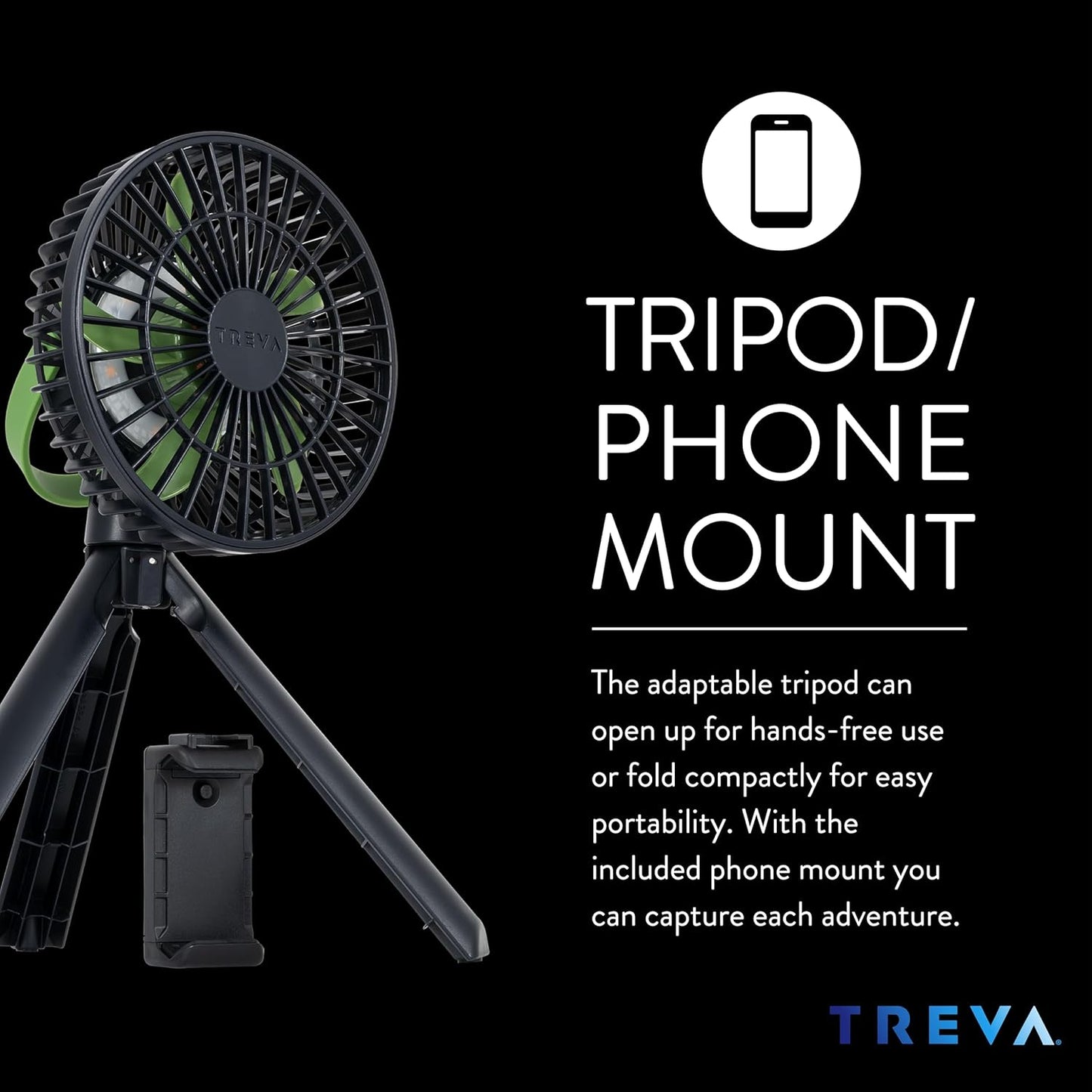 Treva 5 Inch Tripod Fan with Built-In Light and Attachable Phone Mount, Rechargeable 3-Speed Mini Fan with Handle for Travel, Camping, Outdoors