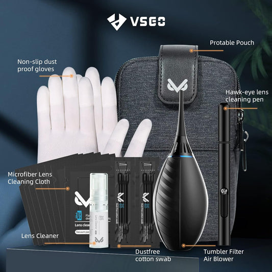 VSGO Professional Camera Cleaning Kit with Portable Bag Air Blower Lens Cleaning Pen Spray Cotton Swab Cloth Compatible for Canon, Nikon, Sony DSLR Cameras and Sensitive Electronics Bundle(VS-A3E)