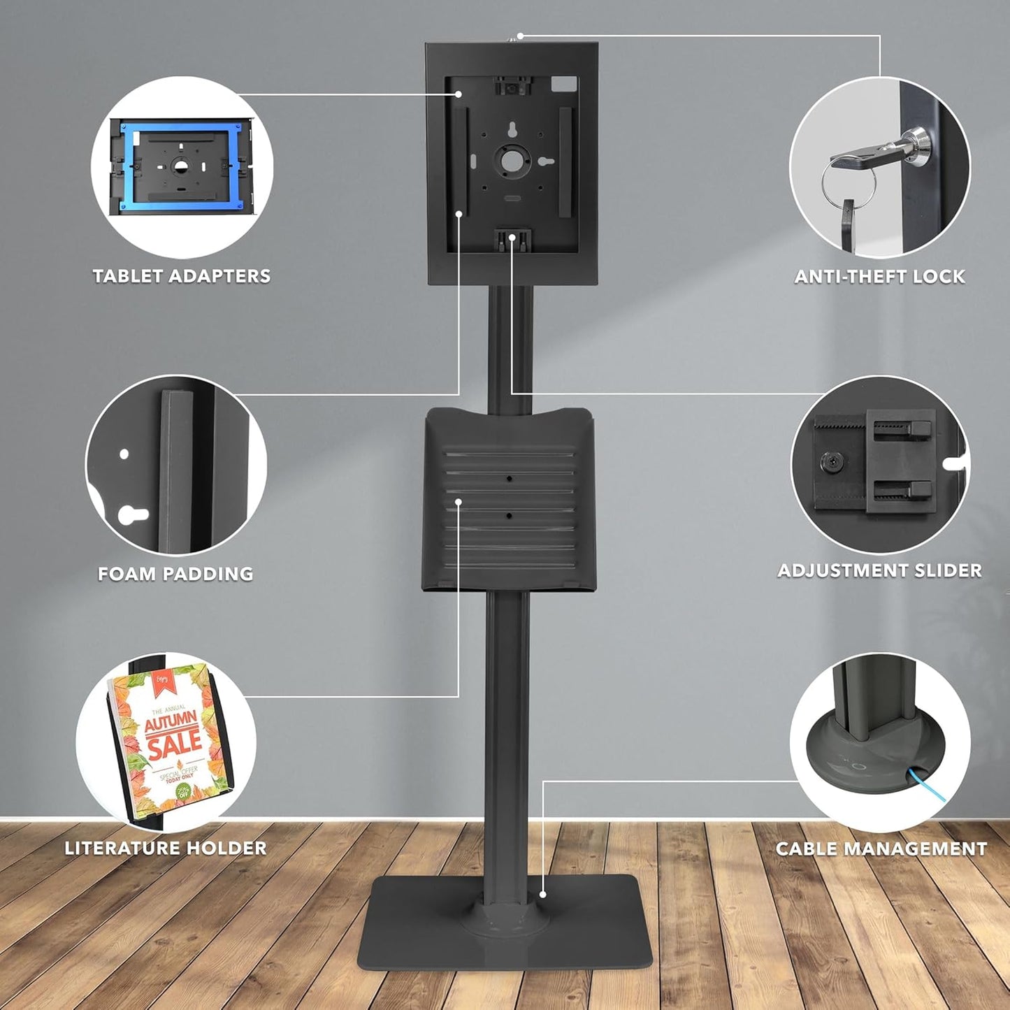 Mount-It! Anti-Theft Floor Stand Compatible with iPad, Contact-Less Kiosk with Universal Enclosure for iPads, Adjustable Locking Secure Tablet Mount for iPad Gen 7 to 10, Pro, Air, Black