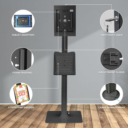 Mount-It! Anti-Theft Floor Stand Compatible with iPad, Contact-Less Kiosk with Universal Enclosure for iPads, Adjustable Locking Secure Tablet Mount for iPad Gen 7 to 10, Pro, Air, Black