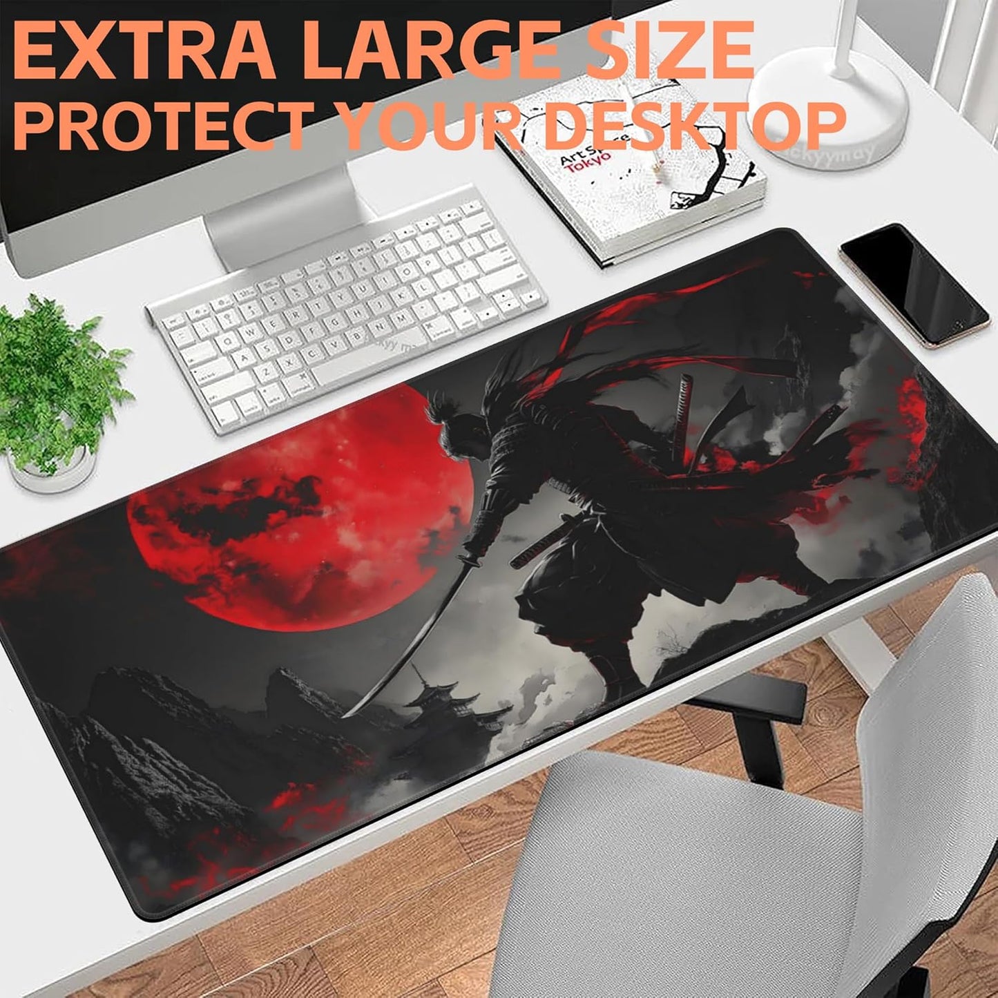Mouse Pad Large Anime Samurai Non-Slip Gaming Desk Mat with Stitched Edge Laptop Keyboard Desk Pad for Work Home Gaming (35.4 x 15.7 Inches)