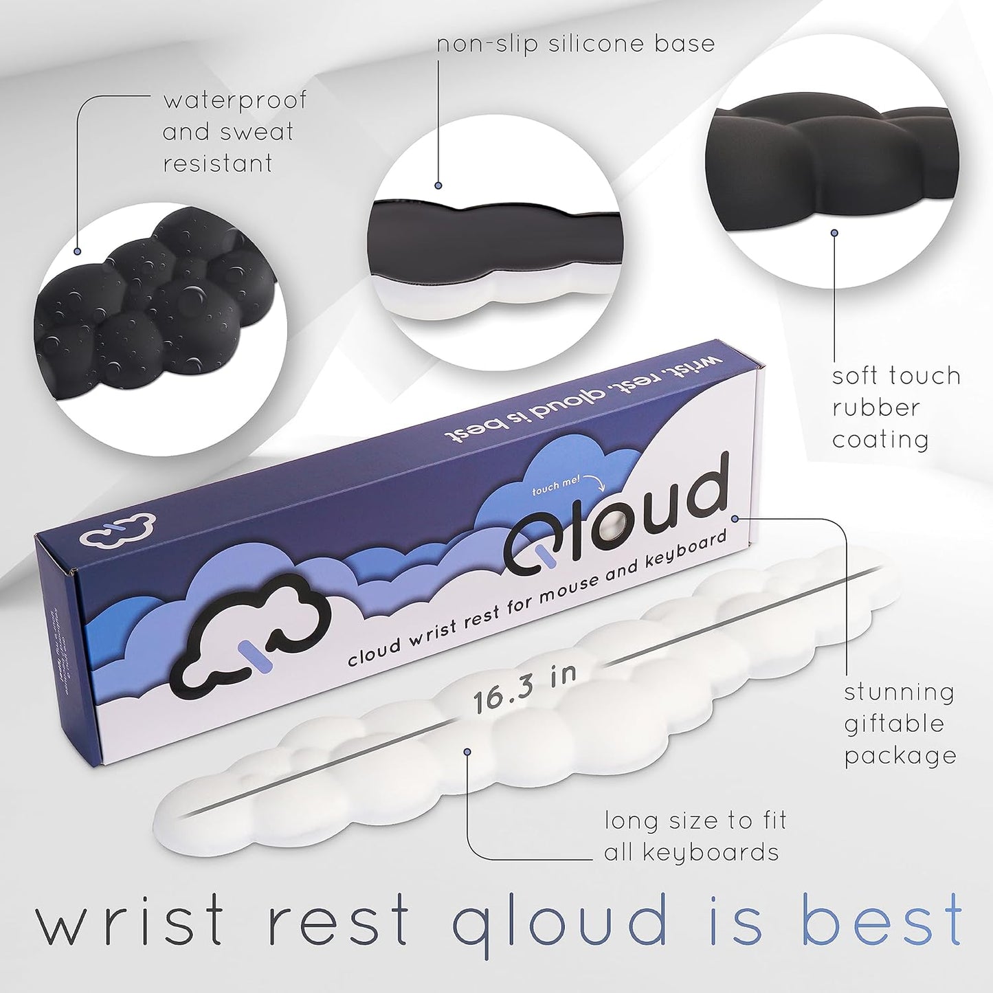 Qloud Cloud Wrist Rest Keyboard Wrist Rest for Computer Keyboard Pad, Cloud Keyboard Wrist Rest, Wrist Pad for Keyboard, Memory Foam, Non Slip Base, Comes with Mouse Pad - Rainbow