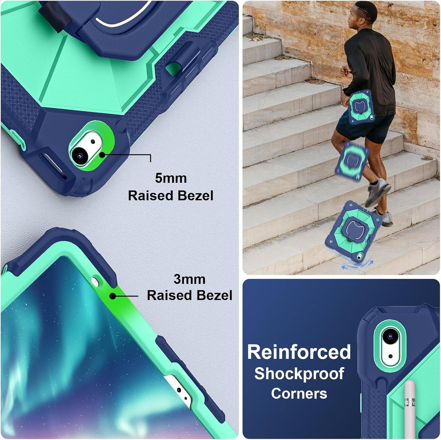 Case for iPad (A16) 11th Generation 11 Inch (2025), iPad 10th Generation Case 10.9 Inch (2022), Shockproof Cover with 360° Rotating Stand Screen Protector Pen Holder Shoulder Strap, Navy Mint
