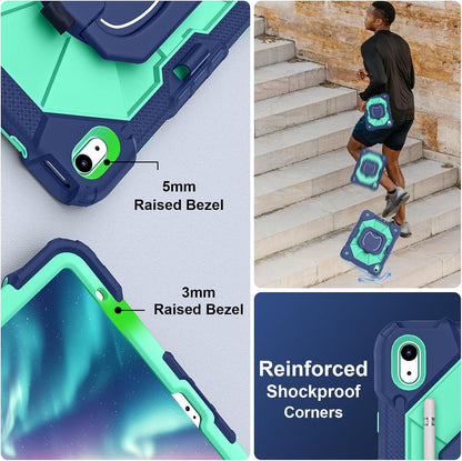 Case for iPad (A16) 11th Generation 11 Inch (2025), iPad 10th Generation Case 10.9 Inch (2022), Shockproof Cover with 360° Rotating Stand Screen Protector Pen Holder Shoulder Strap, Navy Mint