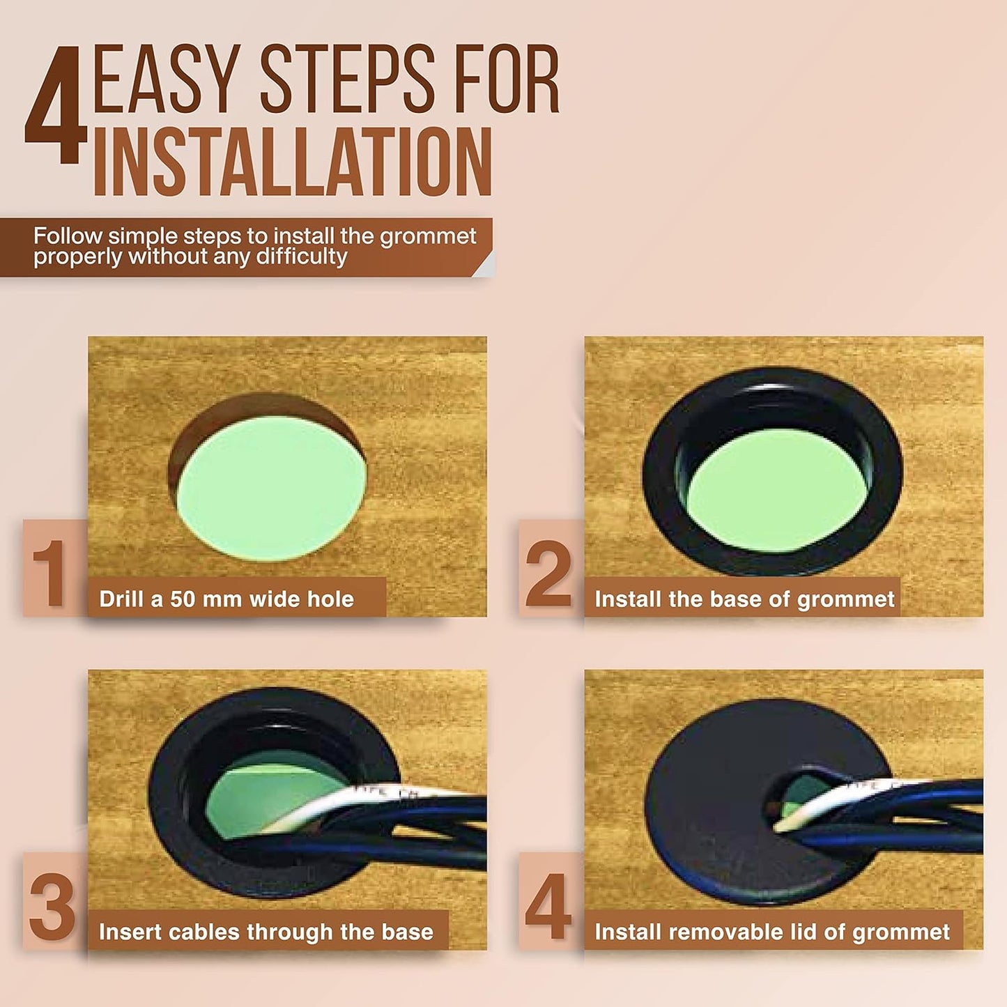 MAHDPRO Desk Grommet 2 Inch (50 mm) Pack of 5-Black ABS Plastic Cable Hole Cover to Arrange Wires & Cords Through Computer Table/Countertops