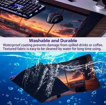 Anime Cat Fantasy Window Mouse Pad, Summer Mouse Pad Large Healing Night Scene, Game Table Pad XL Office Decoration Women's Laptop Keyboard Pad 35.4 x 15.7 x 0.12 Inches