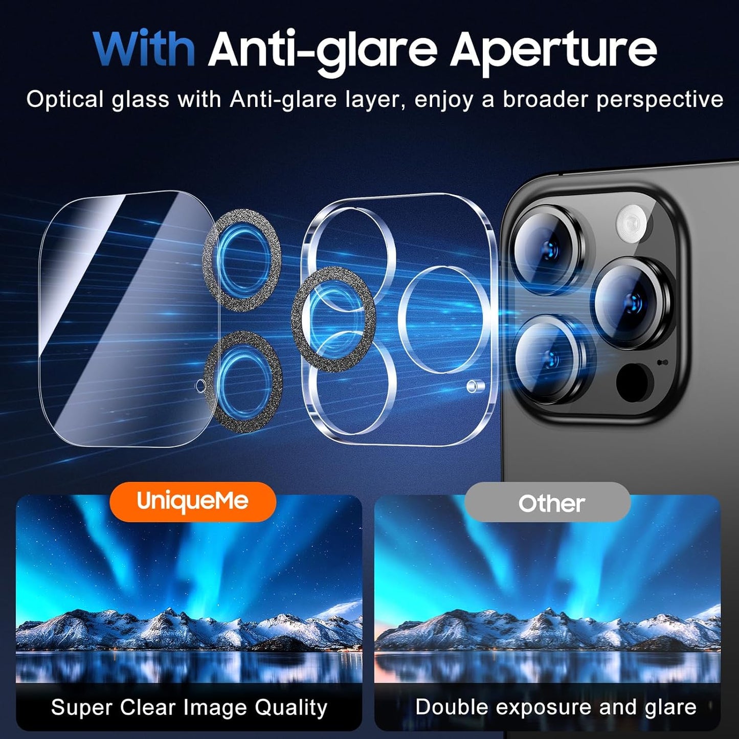 UniqueMe for 3 Pack iPhone 15 Pro/iPhone 15 Pro Max Camera Lens Protector, [Drop Protection] [Case Friendly] 9H Tempered Glass Camera Cover Screen [Update New Version] - Glitter Black