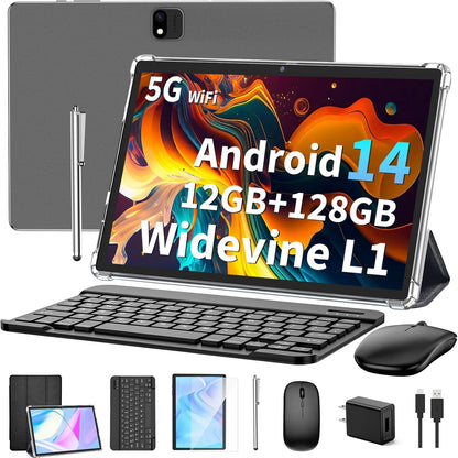 Android 14 Tablet with Keyboard, 12GB RAM (6+6), 128GB Storage, 1TB Expandable, 8000mAh Battery, 10 Inch 2-in-1 Tablets, Includes Case, Mouse & Stylus（Black）
