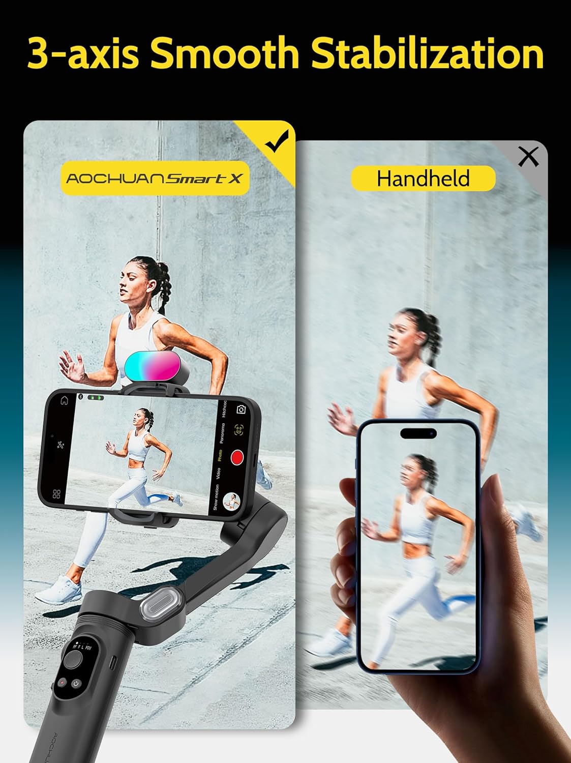 Handheld Gimbal Stabilizer for iPhone 15/14 Android Phone 3-axis Phone Stabilizer for Video Recording Vlogging, Smartphone Gimbal w/RGB Light,AI Tracking for TikTok YouTube(Smart X Kit Black)