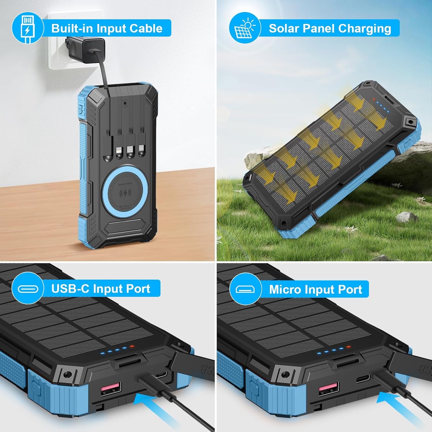 Solar Charger Power Bank 49800mAh Wireless Portable Phone Charger, 22.5W QC3.0 Fast Charging Built in 4 Cables with USB C 6 Outputs & 2 Inputs for Cell Phone