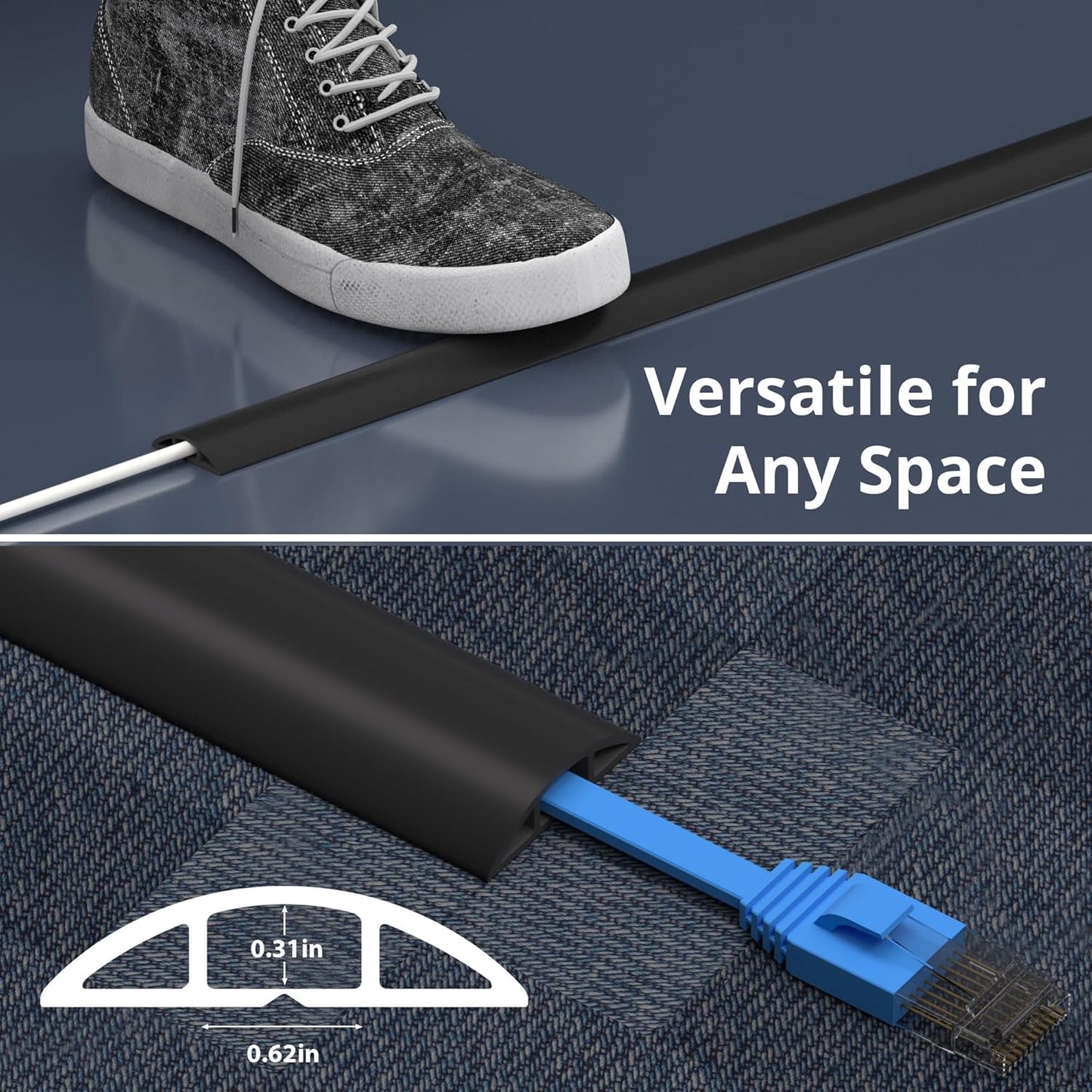 ZhiYo 10ft Cord Covers for Wires on Floor, Cord Hider Floor Hide Extension Cords, Soft PVC Cable Cover Cable Protector, Cable Cavity W0.62in, H0.31in, Black