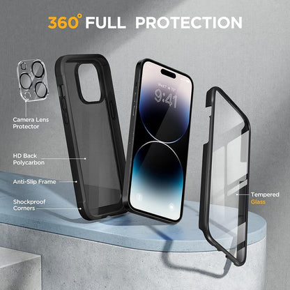 Miracase Glass Series Designed for iPhone 14 Pro Case 6.1 Inch, Upgrade Full-Body Bumper Case with Built-in 9H Tempered Glass Screen Protector, with Camera Lens Protector, Matte Black