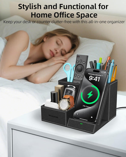 Wireless Charger with Desk Organizer, Pen Pencil Holder, Multifunctional Desktop Organizer, Office Supplies and Desk Accessories Organizer with 3 Compartments and 1 Phone Stand