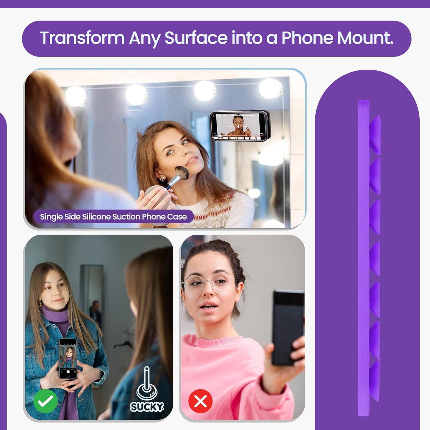 SUCKY Silicone Suction Phone Case Adhesive Mount - Anti-Slip Holder, Hands-Free Fidget Toy, Phone Accessory for iPhone and Android - Sticky Grip for Selfies, Videos, and Tiktok - Purple