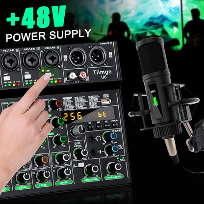 Professional 6-Channel Audio Mixer with 256 DSP Effects,48V Phantom Power,Bluetooth,MP3,USB Recording Input,Portable Sound Mixing Console for Streaming,DJ Show,Karaoke