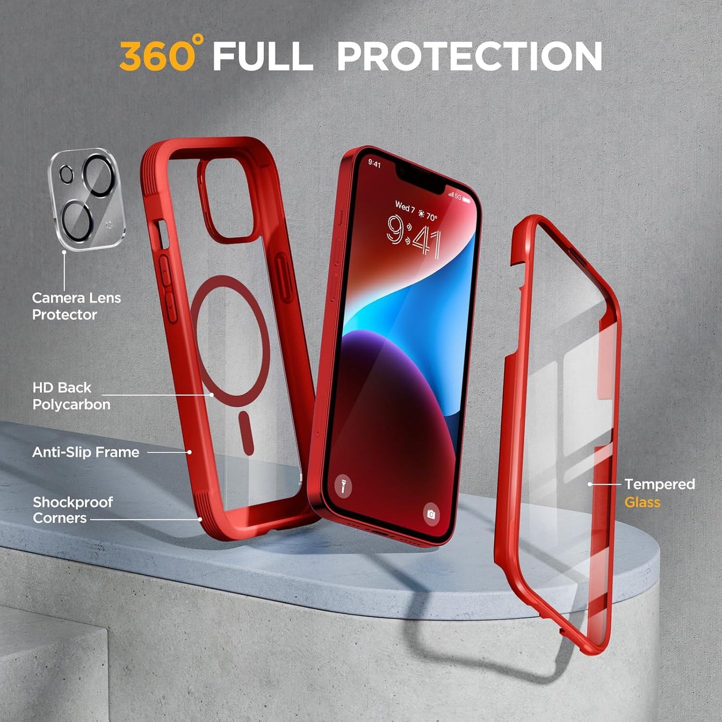 Miracase Magnetic for iPhone 14 Case 6.1", [Built-in Tempered Glass Screen Protector + Lens Protector] [Compatible with MagSafe] Full-Body Protective Bumper 14 Phone Cover, Red