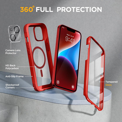 Miracase Magnetic for iPhone 14 Case 6.1", [Built-in Tempered Glass Screen Protector + Lens Protector] [Compatible with MagSafe] Full-Body Protective Bumper 14 Phone Cover, Red