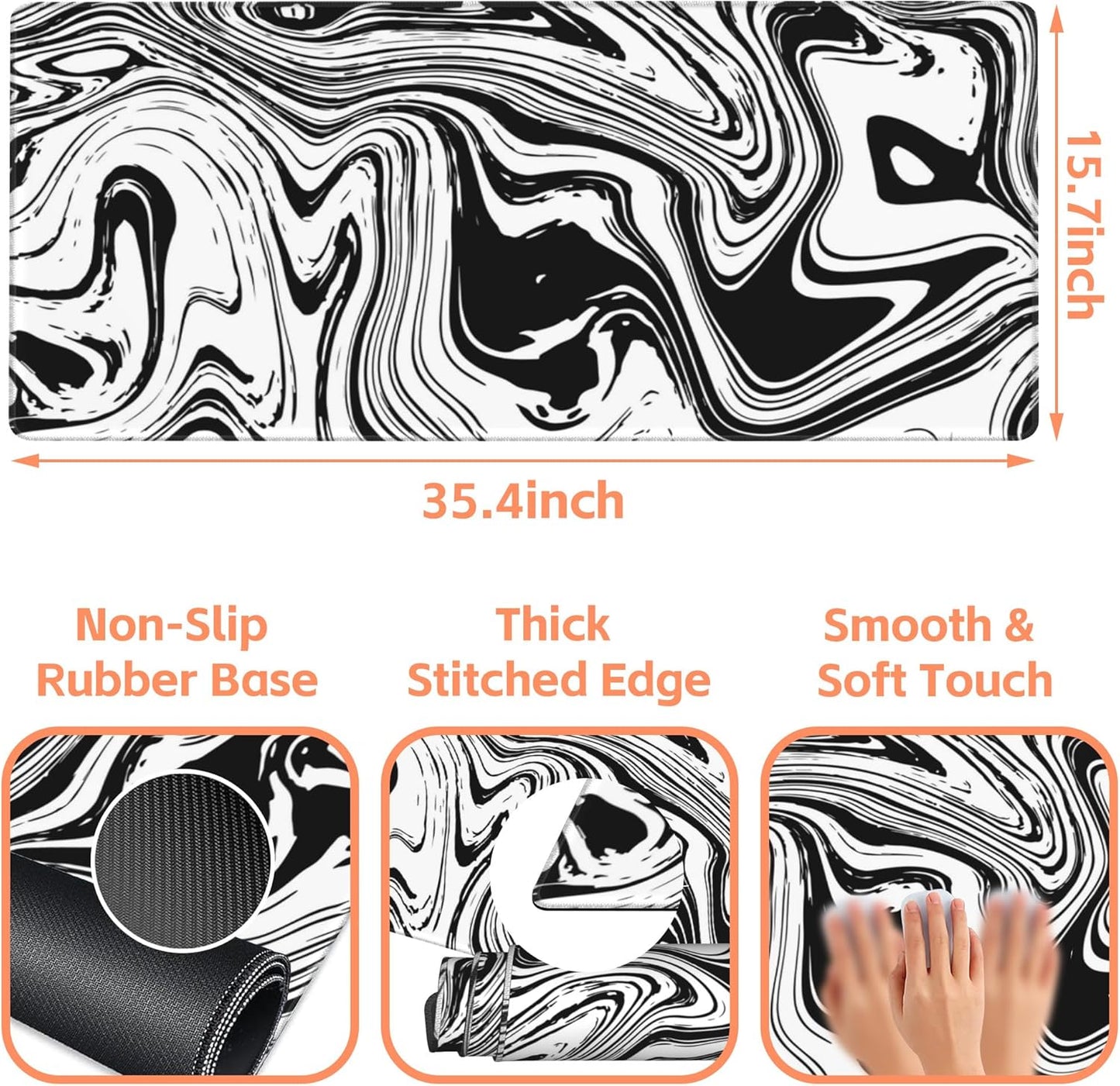 Mouse Pad Large Black and White Fluid Non-Slip Gaming Desk Mat with Stitched Edge Laptop Keyboard Desk Pad for Work Home Gaming (35.4 x 15.7 Inches)