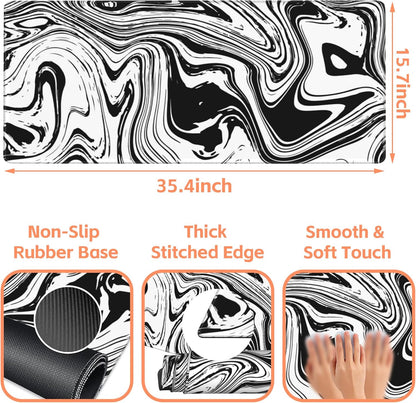 Mouse Pad Large Black and White Fluid Non-Slip Gaming Desk Mat with Stitched Edge Laptop Keyboard Desk Pad for Work Home Gaming (35.4 x 15.7 Inches)