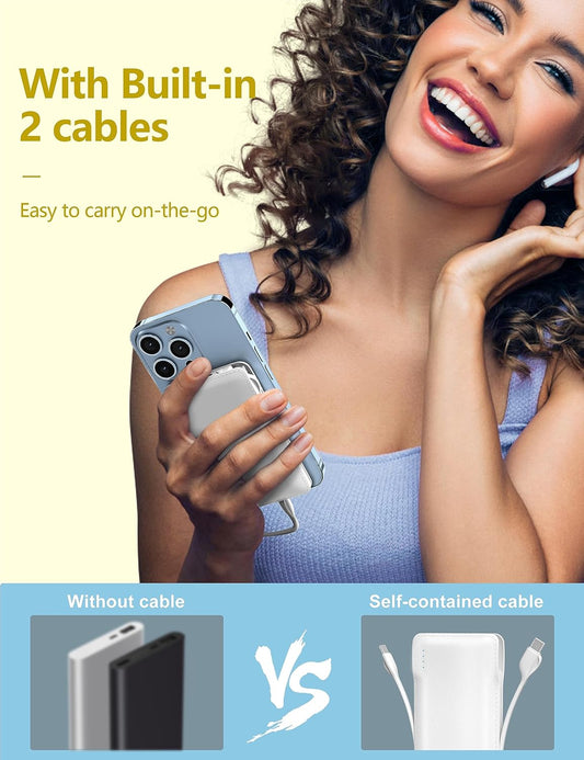 10000mAh Portable Phone Charger with Built-in 2 Cables, Small Slim Mini Power Bank Fast Charging, USB-C In/Output External Battery Pack, Travel Essentials Compatible with Android/IOS Phones
