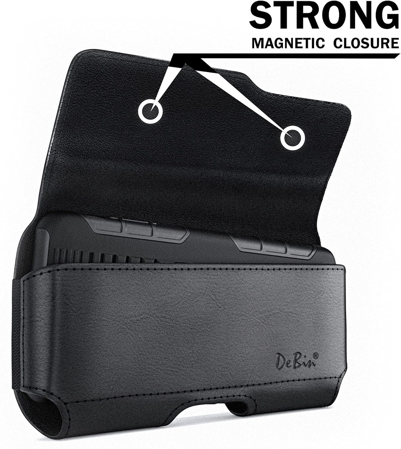 DeBin Holster for Large iPhone Plus, Pro Max Models 16 15 14 13 12 11 Xs Max – Leather Cell Phone Belt Holder Case with Clip, Carrying Pouch Cover Fits Phone with Case on, Black