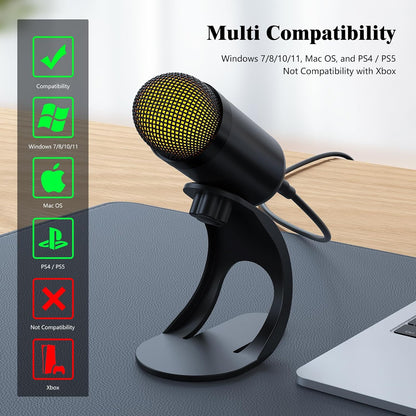 LIANGSTAR USB Computer Microphone, Podcast Mic Desktop with Mute Button for Recording Streaming, Color Change, Omnidirectional Condenser, Plug and Play with Stand for PC, Laptop, Mac, YouTube