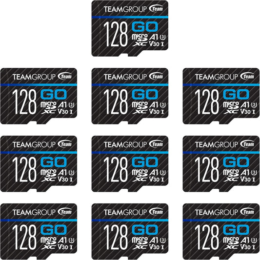 TEAMGROUP GO Card 128GB 10 Pack Micro SDXC UHS-I U3 V30 4K for GoPro & Drone & Action Cameras High Speed Flash Memory Card with Adapter for Outdoor Sports, 4K Shooting, Nintendo-Switch TGUSDX128GU373