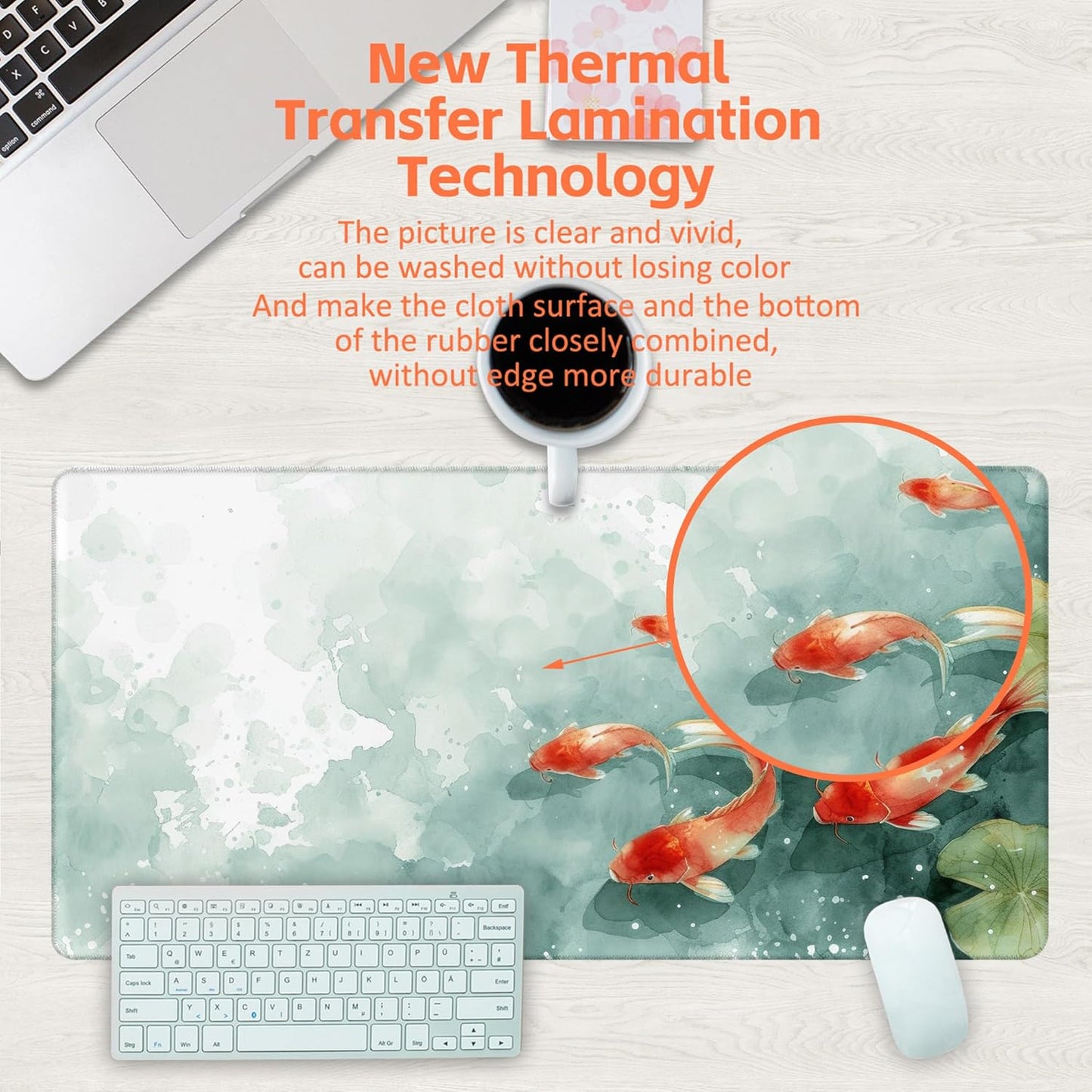 Desk Pad, Watercolor Koi Fish Desk Mat, Koi Fish in Pond Large Gaming Mouse Pad, 31.5"x15.7" Extended Big Computer Keyboard Mouse Pad with Non-Slip Base and Stitched Edge