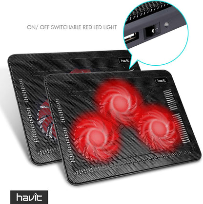 Havit HV-F2056 15.6-17 Inch Laptop Cooler Cooling Pad - Slim Portable USB Powered (3 Fans) (Black+Red)