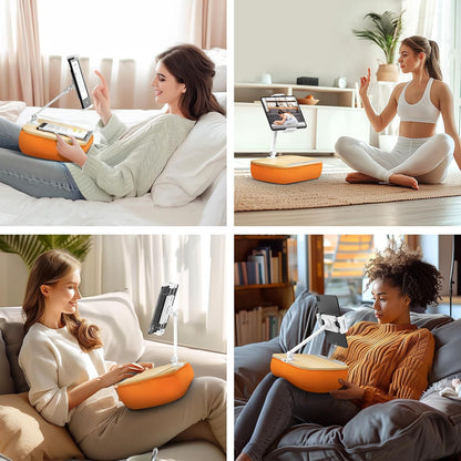 Lap Beanbag Cozy Kindle Pillow Stand for Bed with Adjustable Arm, 360° Tablet Holder, Fits 4.7"-13" Kindle, iPad, Phone, Lap Desk for Hands Free Reading in Bed, Couch, Sofa,Orange