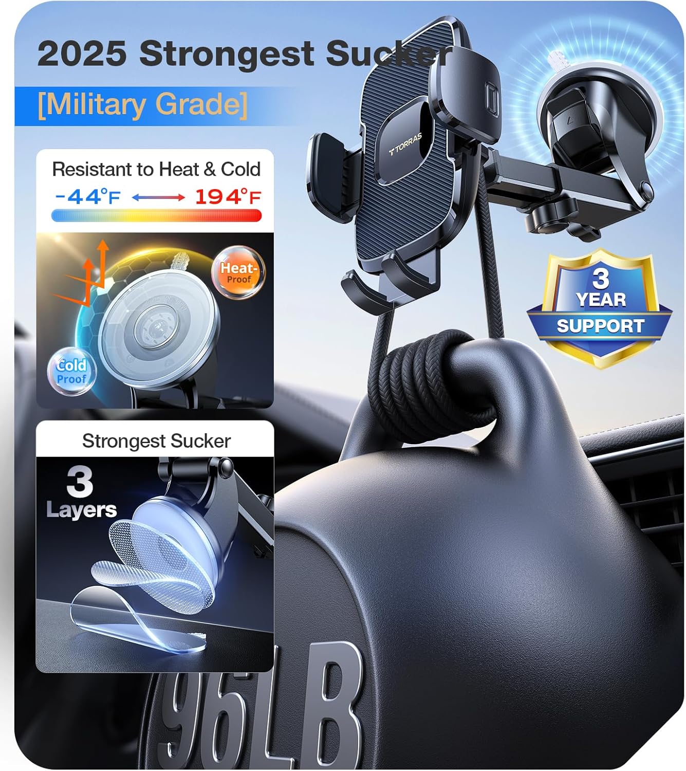 TORRAS 2025【Strongest Suction & Military-Grade】 Phone Holders for Your Car,【Patent & Safety Certs】 Car Phone Holder Mount Truck Stand for Dashboard Windshield Vent for iPhone 16 15 Pro Max, Navy Blue