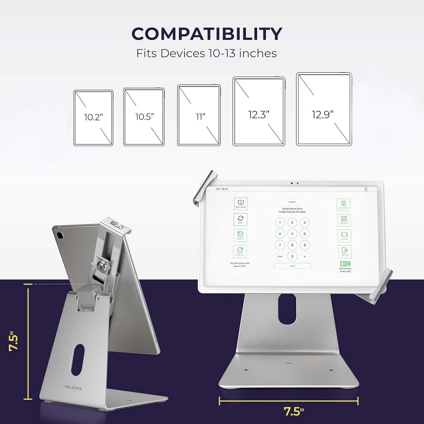 Volcora Anti-Theft Tablet Stand iPad Security Holder with Lock, Silver 10-13 Inch Kiosk Stand Mount, Swivel, Adjustable, for iPad Pro, Air, POS Register, Retail Business, Checkout, Cashier