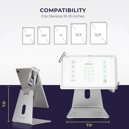 Volcora Anti-Theft Tablet Stand iPad Security Holder with Lock, Silver 10-13 Inch Kiosk Stand Mount, Swivel, Adjustable, for iPad Pro, Air, POS Register, Retail Business, Checkout, Cashier