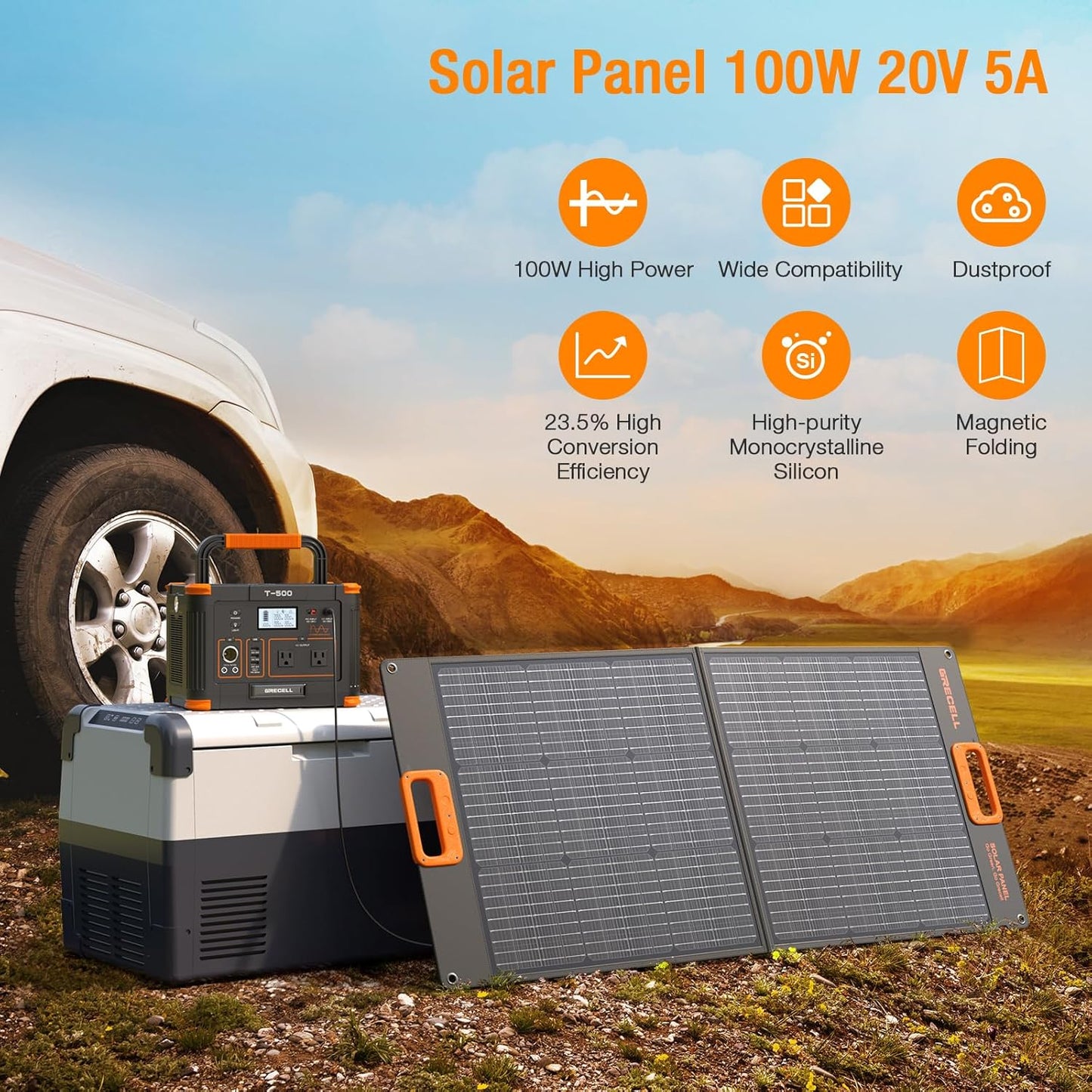 519Wh Outdoor Solar Generator with 100W Portable Solar Panel 20V, Portable Power Station 500W(Peak 1000W) Backup Battery Pack Solar Kit for RV/Van Camping Fishing Climbing Road Trip Home Emergency