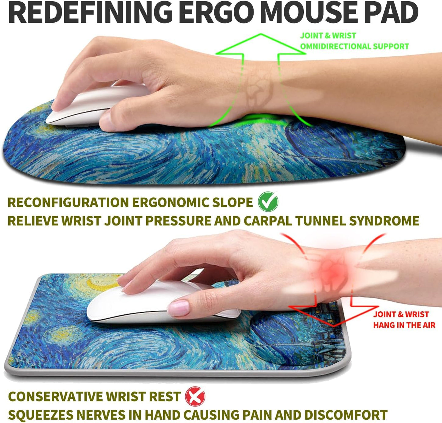 Hokafenle Ergonomic Mouse Pad Wrist Support, Terraced Slope Carpal Tunnel Wrist Pad for Mouse with Unibody Memory Foam, Wrist Rest Pain Relief Mousepad (Starry Night, 11.8x7.9 in)