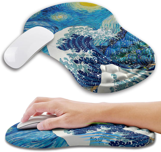 Ergonomic Mouse Pad Wrist Support with Memory Foam Massage Bulge, Carpal Tunnel Pain Relief Mousepad Wrist Rest for Mouse(12x8 inch,Wave Starry)
