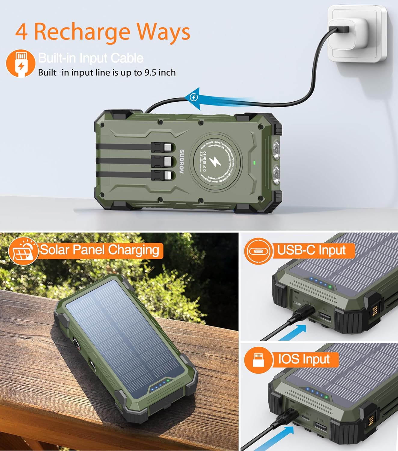 Army Green Solar Power Bank 42800mAh, 15W Wireless Portable Charger with Built-in Cables, 5 Outputs & 3 Inputs, Outdoor Battery Pack with LED Flashlight, Fast Charging for iPhone, Samsung, iPad