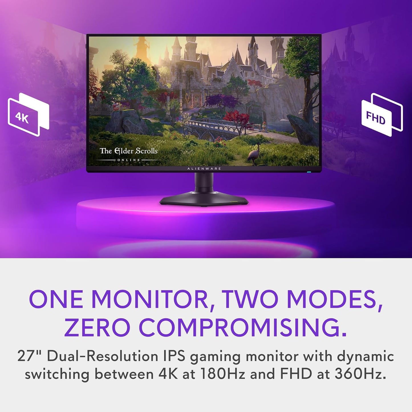 Alienware 27 4K Dual-Resolution Gaming Monitor - AW2725QF - 4K at 180Hz and FHD at 360Hz, 0.5ms GTG 1ms GTG (Extreme Mode), VESA AdaptiveSync, NVIDIA G-SYNC Compatible, HDMI/DP/USB 3.2 Gen1 - Black