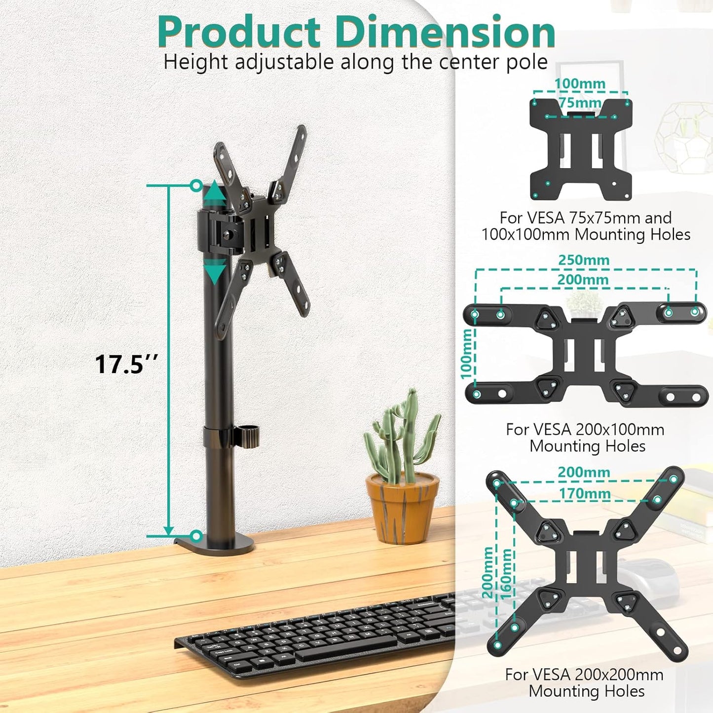 WALI Single Monitor Mount for 1 Computer Screen up to 42 inch, Fully Adjustable Monitor Arm Holds up to 22 lbs, Mounting Holes up to 200x200mm (M001SXL), Black