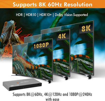 J-Tech Digital HDMI Switch 4K 120hz, 2.1 Switch 4 in 1 Out, 8K 60Hz 1080P 240Hz IR Remote Auto Switch USB C Power Cable, Compatible with HDR & Dolby Vision ALLM VRR QFT [JTECH-8KSW41C]