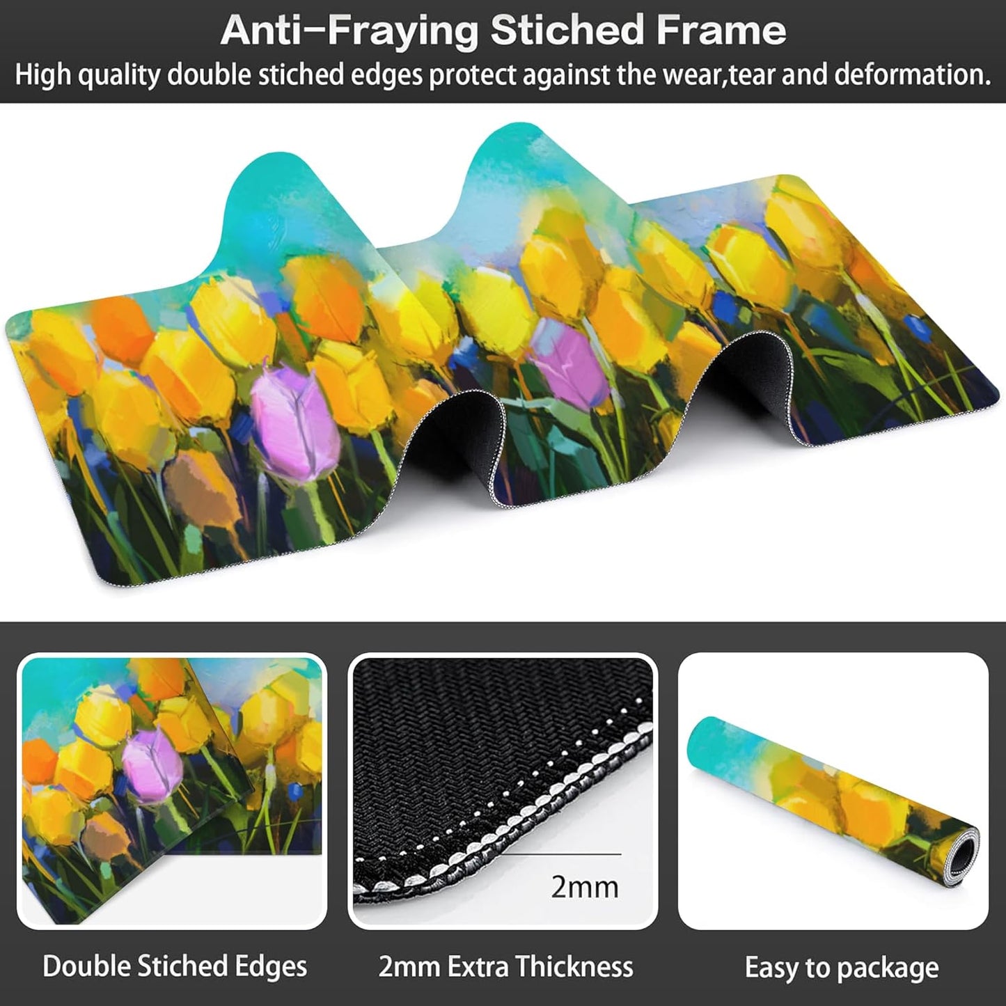 Tulips Flowers Desk Mat,Large Yellow and Violet Tulip Flowers Gaming Keyboard Mouse Pad,Non-Slip Rubber Base Desk Pad Thick Stitched Edges Waterproof Mousepad Mouse Mat 31.5"x11.8"