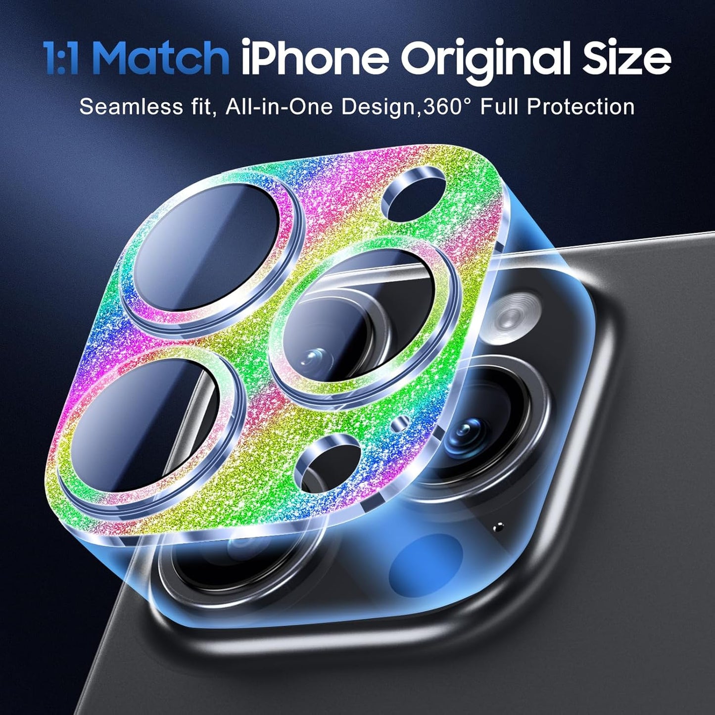 UniqueMe for 3 Pack iPhone 16 Pro/iPhone 16 Pro Max Camera Lens Protector - [Drop Protection] [Case Friendly] 9H Tempered Glass Camera Cover Screen [Update New Version] - Glitter Colorful