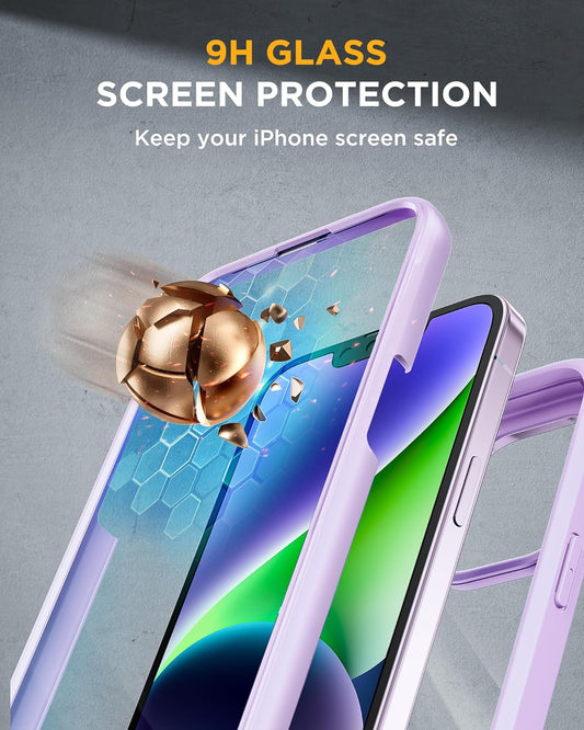 Miracase Designed for iPhone 14 Case 6.1 inch, [Built-in Tempered Glass Screen Protector] [Bubble Free] Full-Body Protective Bumper Phone Case with Camera Lens Protector, Purple