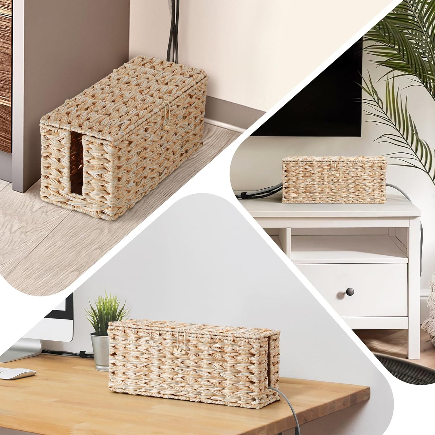 Posprica Cable Management Box with Lid, 2 Pack Handwoven Faux Ratten Cord Hider Organizer Boxes, 2 Side Open Slots Storage Box to Hide Cords and Power Strip for Desk, Floor, Office