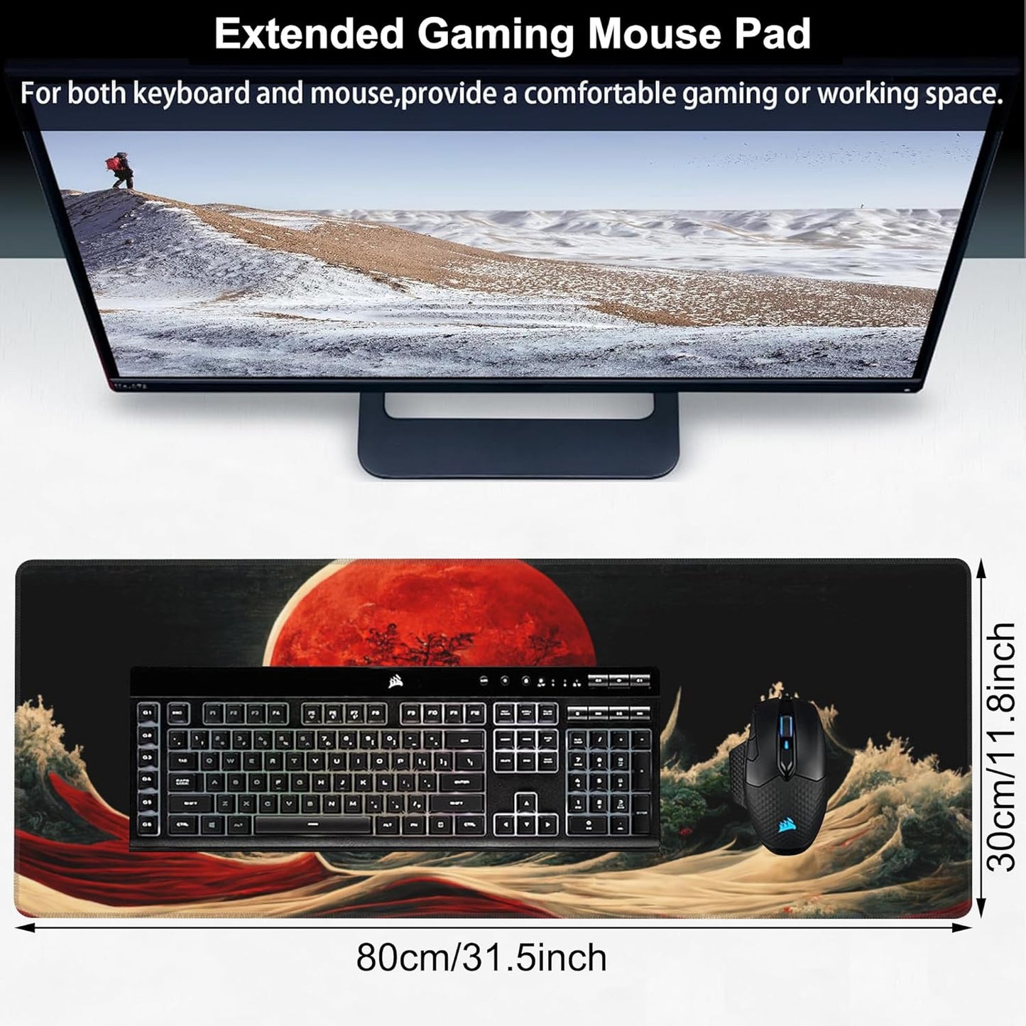 Red Moon Above The Sea Desk Mat,Large Chinese Style Landscape Gaming Keyboard Mouse Pad,Non-Slip Rubber Base Desk Pad Thick Stitched Edges Waterproof Mousepad Mouse Mat 31.5"x11.8"