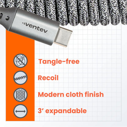 Ventev Helix 3ft Expandable USB C to USB C Cable | Fast Charging Cable for iPhone 16/16 Pro/15, MacBook, iPad Pro, Pixel 9, Samsung S25 | No Tangle Cord for Fast Charger, Crafted for The Car, Gray