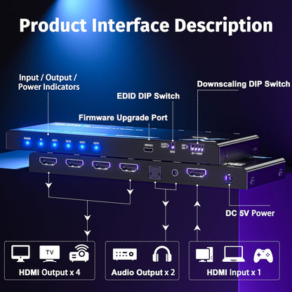 4K HDMI Splitter 1x4 with Audio Extractor, Downscaler & EDID, 4K@60Hz HDR HDMI 2.0 18Gbps HDMI Duplicator with TOSLINK & 3.5mm Stereo Out, Support HDCP 2.2 for TV, PS5, Xbox, Roku, Projector, Switch2