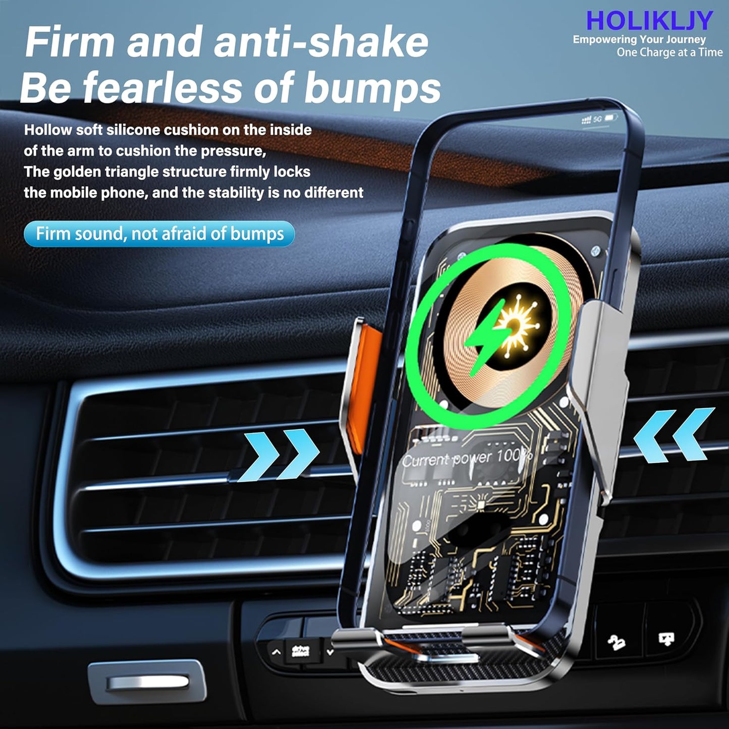 Wireless Car Charger Holder, 15W Fast Charging Car Phone Holder Charger Auto-Clamping 360° Rotation Adjustable Air Vent Phone Mount Car Charger with Luminous Logo for iPhone 16 15 14 13 S24 S23 S22