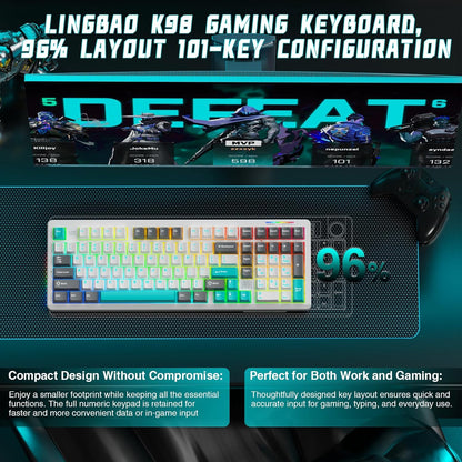 LINGBAO K98 Wireless Mechanical Gaming Keyboard, 10000mAh Battery Tri-Mode BT5.0/2.4GHz/USB-C, Gasket Custom Hot-Swappable Linear Switches Mechanical Keyboards, RGB Backlit Keyboard for PC Laptop